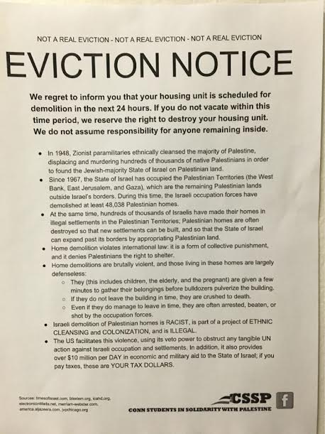 One of the fake eviction notices posted by CSSP across Connecticut College dorms, May 2016. Source Credit: The Algemeiner