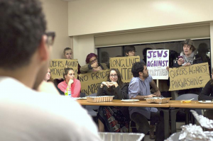Source Credit: Slugs for Israel Facebook Group –“On Tuesday, January 27th, in Merrill Classroom 003, five students disrupted a Slugs for Israel event with signs, a speech, and a final chant of "Long Live Intifada!" Some of their signs read, "No Pride In Apartheid", "Long Live Intifada", and "Queers Against Pinkwashing."