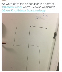 Source Credit: Twitter, “We woke up to this on our door, in a dorm at @TheNewSchool, where 3 Jewish women live.” (November 12, 2016)