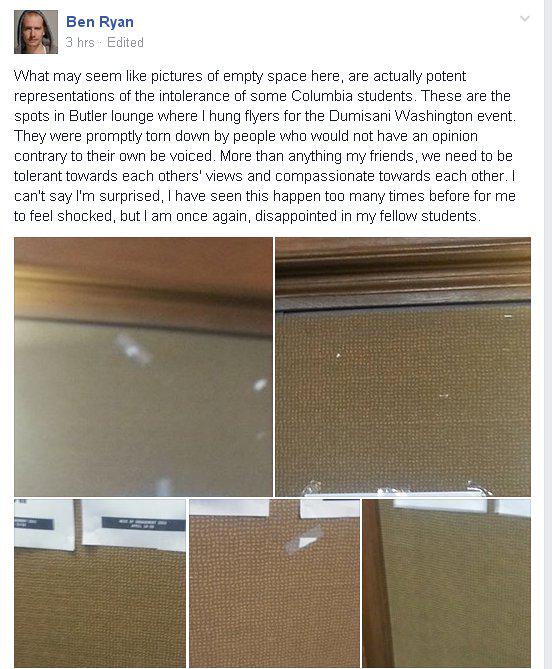 Source Credit: Twitter - Posters advertising a speech by Dumisani Washington were torn down at Columbia University (April 26, 2015)