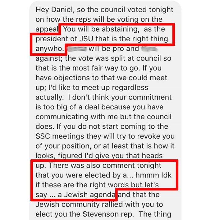 Source Credit: President of the Jewish Student Union was warned to “abstain” from voting on a pro-BDS resolution because he was “elected with a Jewish agenda.” (November 19, 2015)
