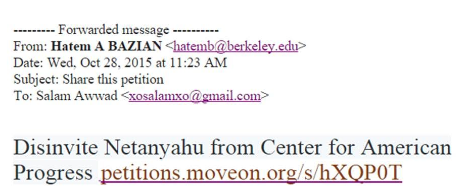 Source Credit: UC Berkeley professor, using UC Berkeley email resources, promotes his petition to have Netanyahu dis-invited from the Center for American Progress on Wednesday (October 28, 2015)